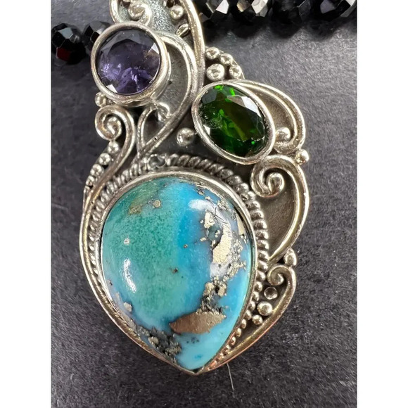 Black spinel and turquoise multi gem sterling silver pendant necklace - Picture 3 of 11